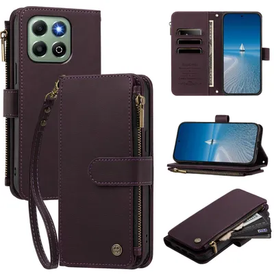 Produktbild von Handyhülle für Honor X6B/Honor X6A, Leder Klapphülle mit Kartenfächern, Reißverschlussfach und Handschlaufe Lila