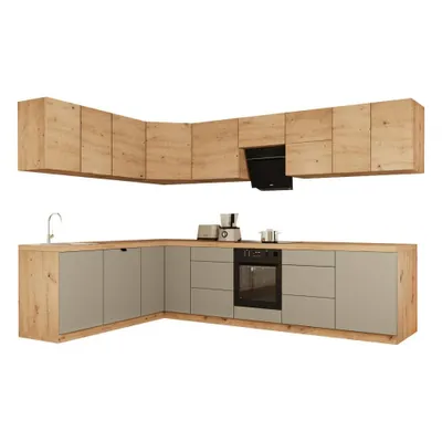 Produktbild von Winkelküche 320 x 200 cm Einbauküche mit Herdumbauschrank L-Küche Küchenblock Ohne Arbeitsplatte, Langen KL15-M320,Beige/Artisan Eiche