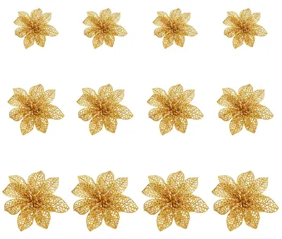 12 goldene Glitter-Weihnachtsblumen, 3 Größen, 8/10/15 cm