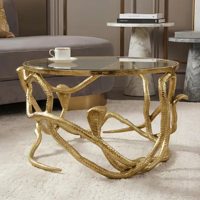 Produktbild von riess-ambiente Runder Couchtisch SNAKE 70cm gold Metall Schlangen-Skulptur Glasplatte