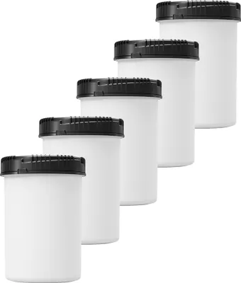 A set of five white storage containers with black lids, arranged diagonally.