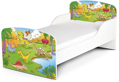 Produktbild von Bayagu Kinderbett 160x80cm aus MDF mit Matratze Lattenrost und Rausfallschutz Dino