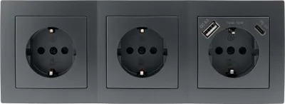 A close-up, front-facing view of a three-gang electrical outlet unit with two standard sockets and one socket with integrated USB-A and USB-C ports.