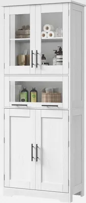 Produktbild von 170 cm Badezimmerschrank mit 4 Türen, Freistehender Aufbewahrungsschrank mit Glastüren und verstellbaren Regalen und Schubladen Schrank für Küche Speisekammer Wohnzimmer Badezimmer (weiß)