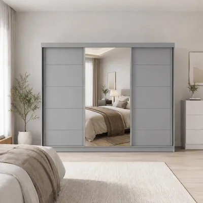 Produktbild von Kleiderschrank OLYO 250 cm Grau mit Spiegel – großer Schwebetürenschrank mit Regalböden