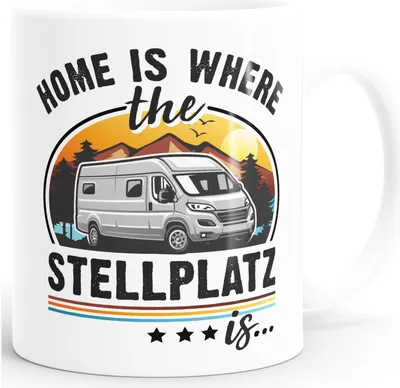 Produktbild von Kaffee-Tasse Camping Home is where the Stellplatz is Geschenke für Camper Wohnmobil Spruch lustig Moonworks®