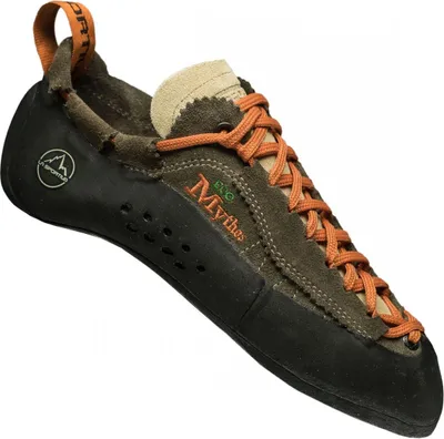 Schnür-Kletterschuh "Mythos Eco" von La Sportiva in braun und orange mit Gummisohle und atmungsaktivem Obermaterial.