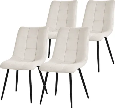 Four beige upholstered dining chairs with black metal legs, arranged in a staggered formation against a white background.
