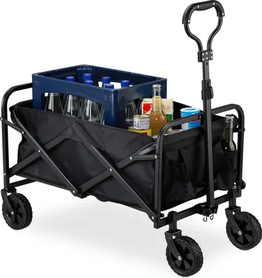 Produktbild von Relaxdays Bollerwagen, faltbar, 100 kg, Teleskopgriff, Gummireifen, Transportwagen Einkauf, Camping, Strand, schwarz