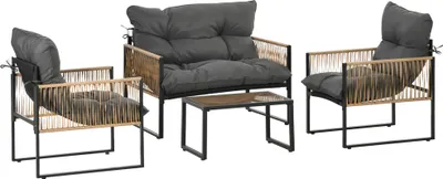 Immagine prodotto di Set da giardino in rattan da 4 pezzi con cuscini, salottino da giardino, 1 tavolino in vetro, 2 poltrone, 1 divano a due posti, elegante salottino