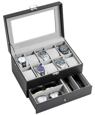 Image de Boîte de rangement pour montres, 10 compartiments avec couvercle en verre, noire