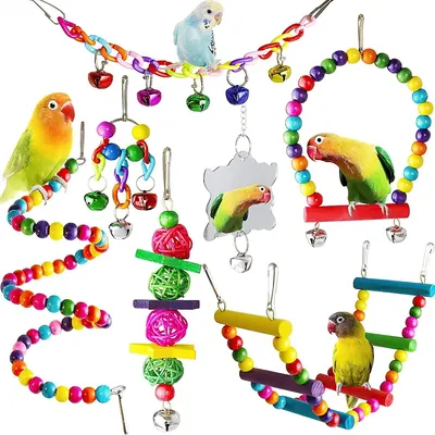 Produktbild von 7 teiliges Vogelspielzeug Set, Papageienspielzeug, Haustier Vogelkäfig Hängematten Schaukelspielzeug, Kauspielzeug aus Holz