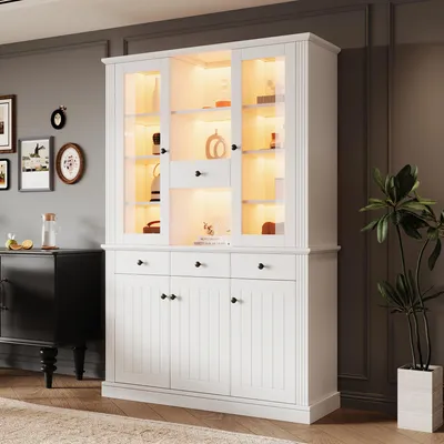 Immagine prodotto di Vetrina MODFU larga 120 cm, credenza in MDF con 4 cassetti e 5 ante, mobile da terra con LED a 16 colori, mobile da soggiorno con 21 ripiani, bianco