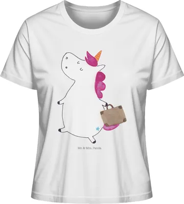 Produktbild von Mr. & Mrs. Panda Damen Basic T-Shirt Einhorn Koffer Größe L - Weiß - Geschenk, Baumwoll, Abenteuer, Shirt, Mit Print, Lustig, Einhörner, Oberteil, Unicorn, Spaß