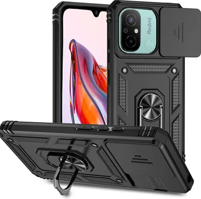 Produktbild von Redmi 12C Hülle mit Schiebe Kamera Schutz und Ringhalter Ständer Schutzhülle für Xiaomi Poco C55 / Redmi 12C Schwarz
