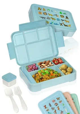 Produktbild von Deine Schulhelden Bento Box - Brotdose für Kinder - Bruchfeste, Auslaufsichere Lunchbox mit Besteck und Becher - BPA frei, Blau mit ABC Motiv, 1330ml