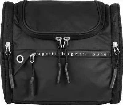 A black Bugatti vanity bag is shown against a white background.