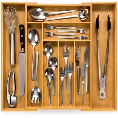 Immagine prodotto di Contenitore estraibile per posate in bambù, 47 cm di profondità, organizer per cassetti da cucina