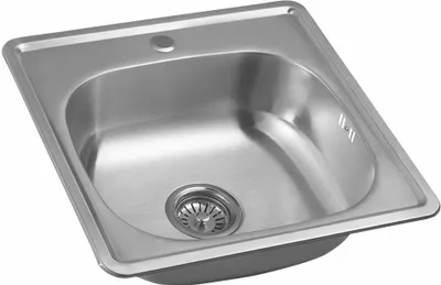 A stainless steel sink with a drain and faucet hole.