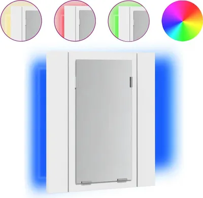 A white LED bathroom mirror cabinet with blue light emanating from the sides, shown with circular insets at the top displaying different colored lights.
