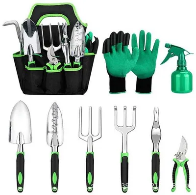 Immagine prodotto di Set di 9 attrezzi da giardino in acciaio inossidabile con borsa da trasporto - Attrezzi manuali di alta qualità per lavori di giardinaggio