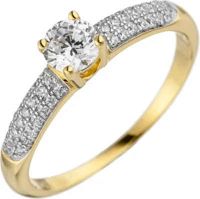 Produktbild von Solitär Ring mit weißen Zirkonia 925 Silber Gelbgold vergoldet Fingerschmuck Innenumfang 58mm  Ø18.5mm