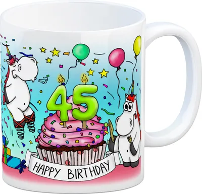 Produktbild von Honeycorns Tasse zum 45. Geburtstag mit Muffin und Einhorn Party Kaffeebecher