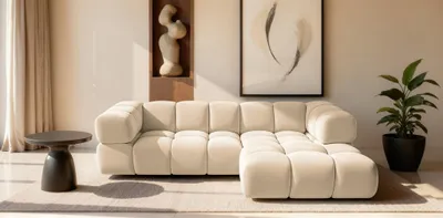 Produktbild von Ecksofa Designersofa BLANCHE in Stoff Bluvel Creme Ottomane Rechts