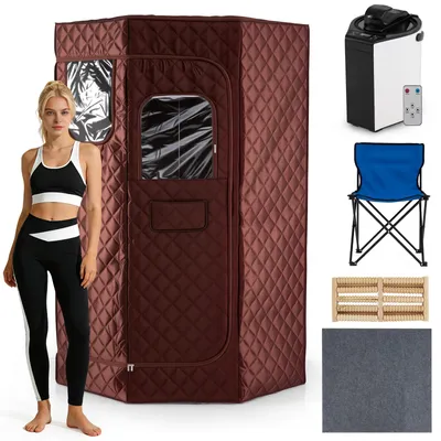 Produktbild von COSTWAY 3L Dampfsauna, Heimsauna 9 Stufen, Saunazelt mit Timer, Ganzkörpersaunabox mit 3L Dampfgenerator, Holz-Fußmassagegerät & Klappstuhl, Braun