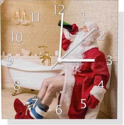 Produktbild von Wallario Design Wanduhr Betrunkener Weihnachtsmann mit Weinflasche auf dem Klo aus Aluverbund, Größe 30 x 30 cm