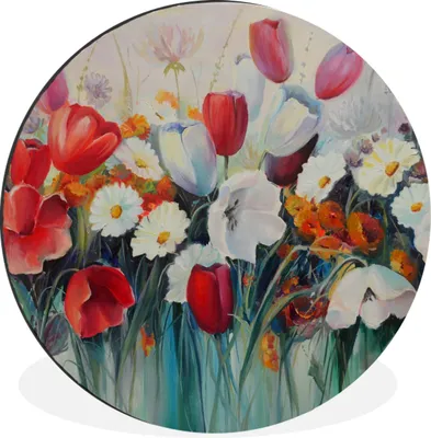 Produktbild von MuchoWow® Aluminium Wandkreis Malerei - Ölgemälde - Blumen Ø 60 cm Wanddeko Modern Wohnzimmer - Wand Kreis - Wandbild - Schlafzimmer - Aluminium Bild - Kinderzimmer - Wohnzimmer Dekoration - Wandschmuck
