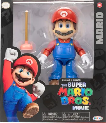 The image shows a boxed action figure of Mario from The Super Mario Bros. Movie.