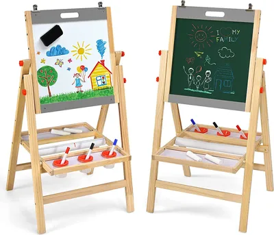 Produktbild von GOPLUS Staffelei, Kindertafel, Doppelseitige Faltbare Höhenverstellbare Standtafel, mit Kreide Tafelradierer, Whiteboardmarker, ab 3 Jahren