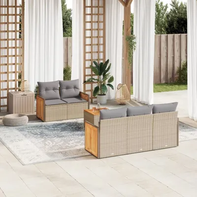 Produktbild von Design 6-tlg. Garten-Sofagarnitur mit Kissen Beige Poly Rattan, Gartenmöbel-Sets 2024 Neu
