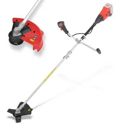 A cordless string trimmer is shown against a white background. A close-up of the cutting head is shown in the upper left corner.
