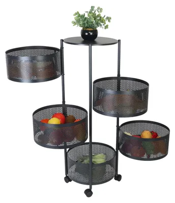 Image de Chariot de cuisine, 5 compartiments pivotants, H x P : 90 x 34 cm, métal, 2 freins, chariot pour la cuisine et la salle de bains, noir