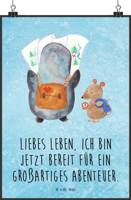 Produktbild von Mr. & Mrs. Panda Bild Pinguin & Maus Wanderer DIN A0 - Eisblau - Geschenk, Wanderlust, drucke, Plakat, wanddeko, Kunstdruck, Wandbild, Wandern, Roadtrip