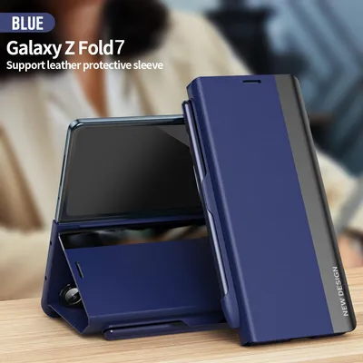 Produktbild von Galaxy Z Fold7 Hülle, Leder PolyurethanMagnetisch Klapp Stand Schutzhülle für Samsung Galaxy Z Fold 7 Blau