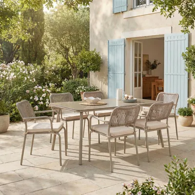 Produktbild von Gartenmöbel Set VOLONTE 1 Tisch 6 Stühle, Champagner – Wetterfeste Sitzgruppe mit Glasplatte & Rope-Bespannung für Garten Terrasse Balkon