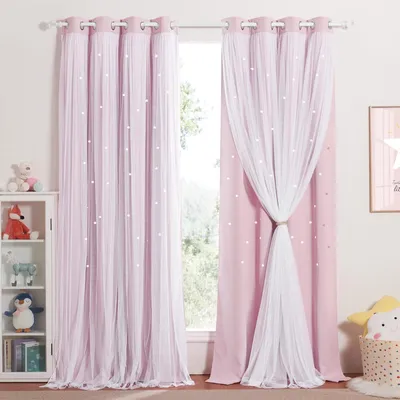 Obrázok produktu pre Záclony do detskej izby s dutými hviezdami a voálom s očkami, 2-dielna sada, 260 cm (v) x 132 cm (š), ružová farba