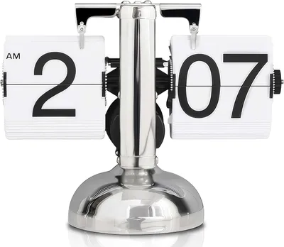 Produktbild von Tischuhr, Retro-Flip-Uhr, Flip-Schreibtischuhr, automatisch drehend, batteriebetriebene mechanische Uhr, Silber
