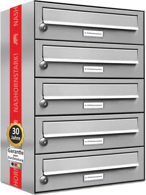A stack of five stainless steel mailboxes against a white background.