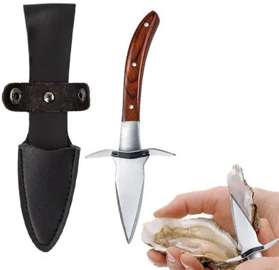 Produktbild von Austernöffner mit Handschutz – Edelstahl – Holzgriff – Ergonomischer Griff – Inklusive Lederscheide
