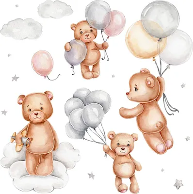 Produktbild von Wandaufkleber Kinderzimmer – Wandsticker für Baby & Kinder – Selbstklebende Wanddekoration – Abnehmbar ohne Rückstände – Deko für Mädchen & Jungen - Teddybären mit Luftballons in den Wolken in Pastelltönen60x90 cm