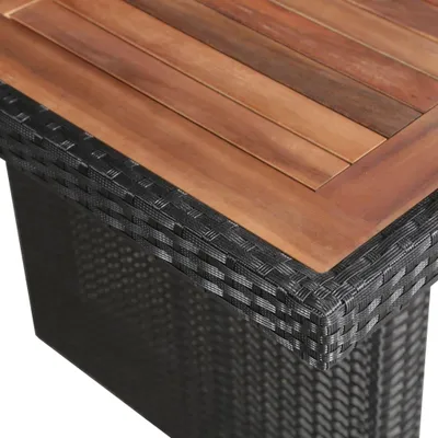 Close-up view of the corner of a table, showing the wooden top and the woven rattan base.