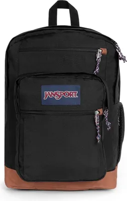 A black Jansport backpack with a brown bottom.