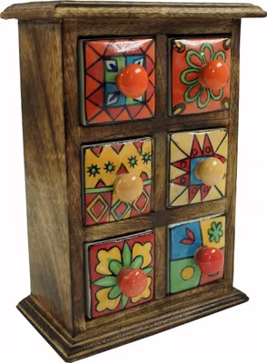Produktbild von Apothekerschränkchen mit Bunten Keramik Schubfächern, Gewürzkiste - 2*3 Fächer Modell 1, Braun, Holz, 25*18*10 cm, Dosen, Boxen & Schatullen