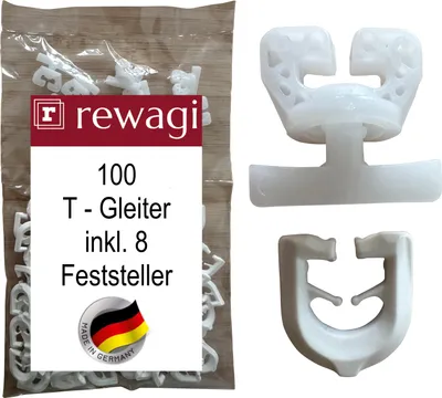 Produktbild von rewagi® 100x T-Gleiter Weiß + 8 Feststeller – für T-Schiene – Kunststoff