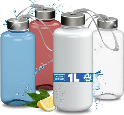 Obrázek produktu pro Láhev na pití 1 l "Pure" - láhev na vodu bez BPA z Tritanu s nepropustným víčkem z nerezové oceli - láhev pro děti a dospělé - ideální do školy, na sport a do práce - průhledná, červená