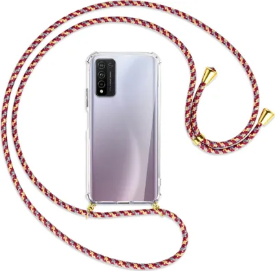 Produktbild von Handykette Backcover-Schutzhülle mit Band (Metall goldfarben) für Honor 10X Lite - weinrot/gelb/grau